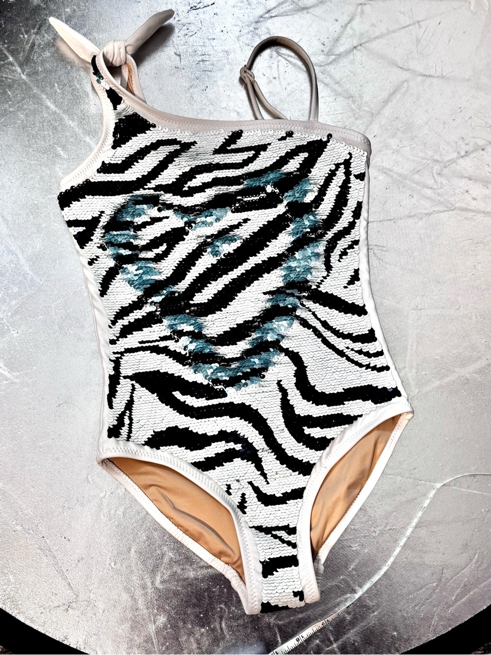 Shade Critters Girls 8 Zebra Reversible Teal Sequin One Piece Swimsuit